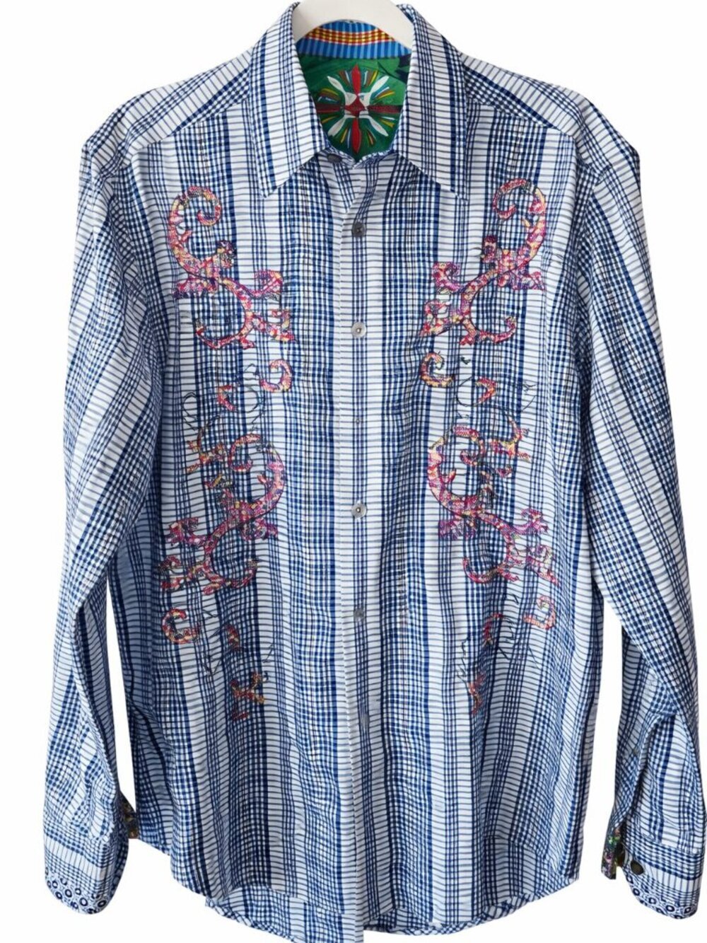 Robert Graham Embroidered Flip Cuff Button Down Shirt Mens M Multicolor Designer